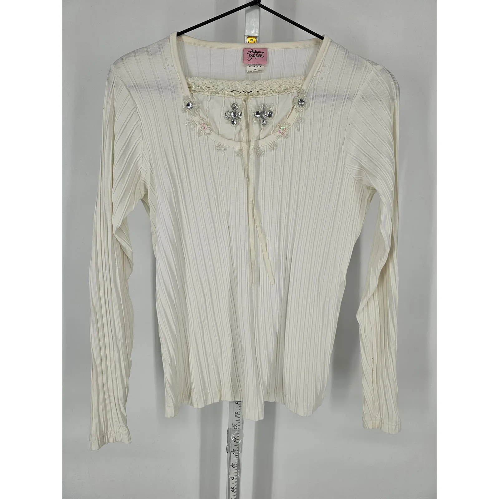 Adrian Delafield Womens Sz S Long Sleeve Ribbed Blouse White Rhinestone