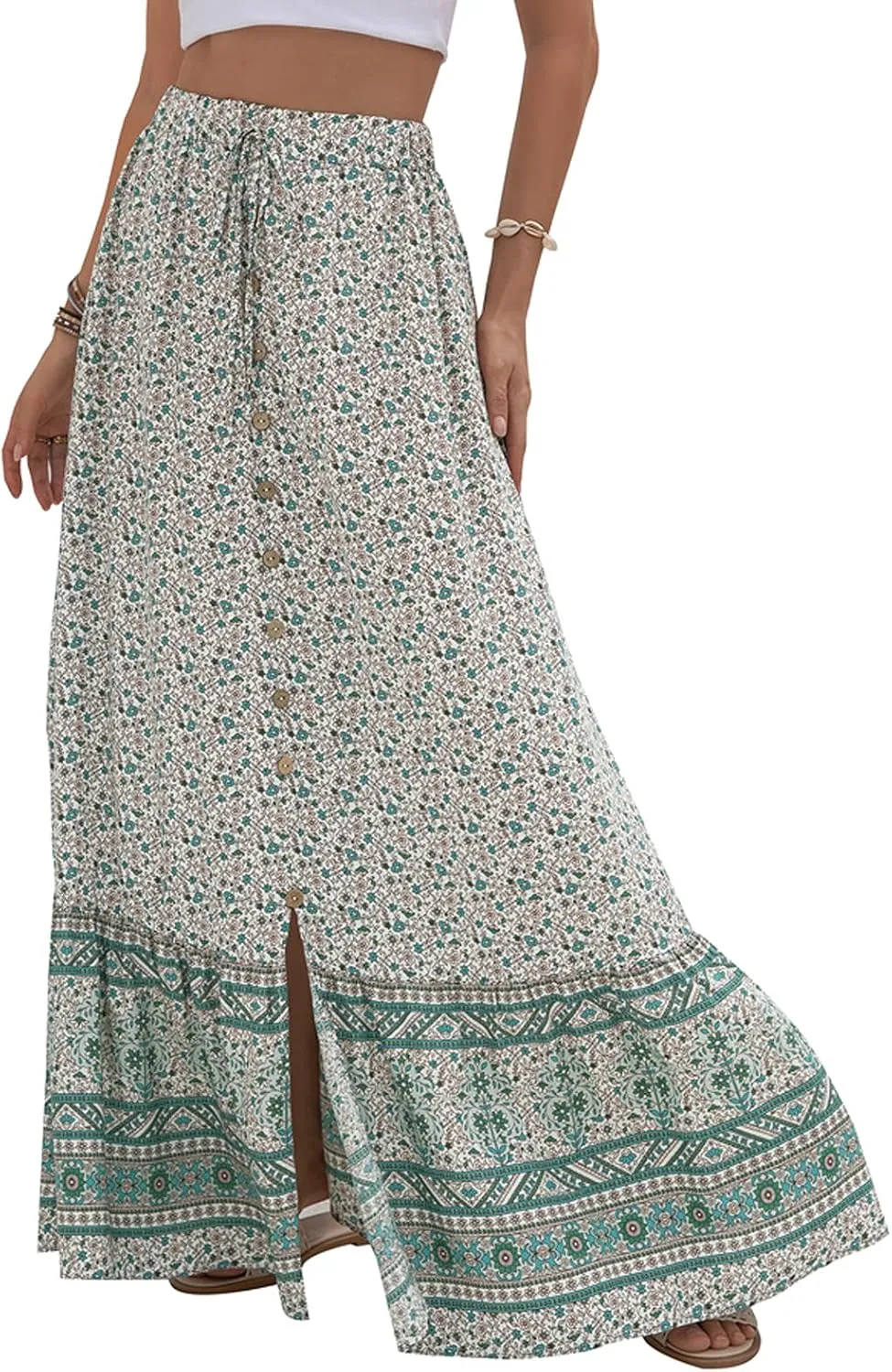 Alamoda Women's Chic Button-Down Tie up High Waist Floral Printed Boho A-Line Ruffle Swing Long Maxi Skirt with Slit