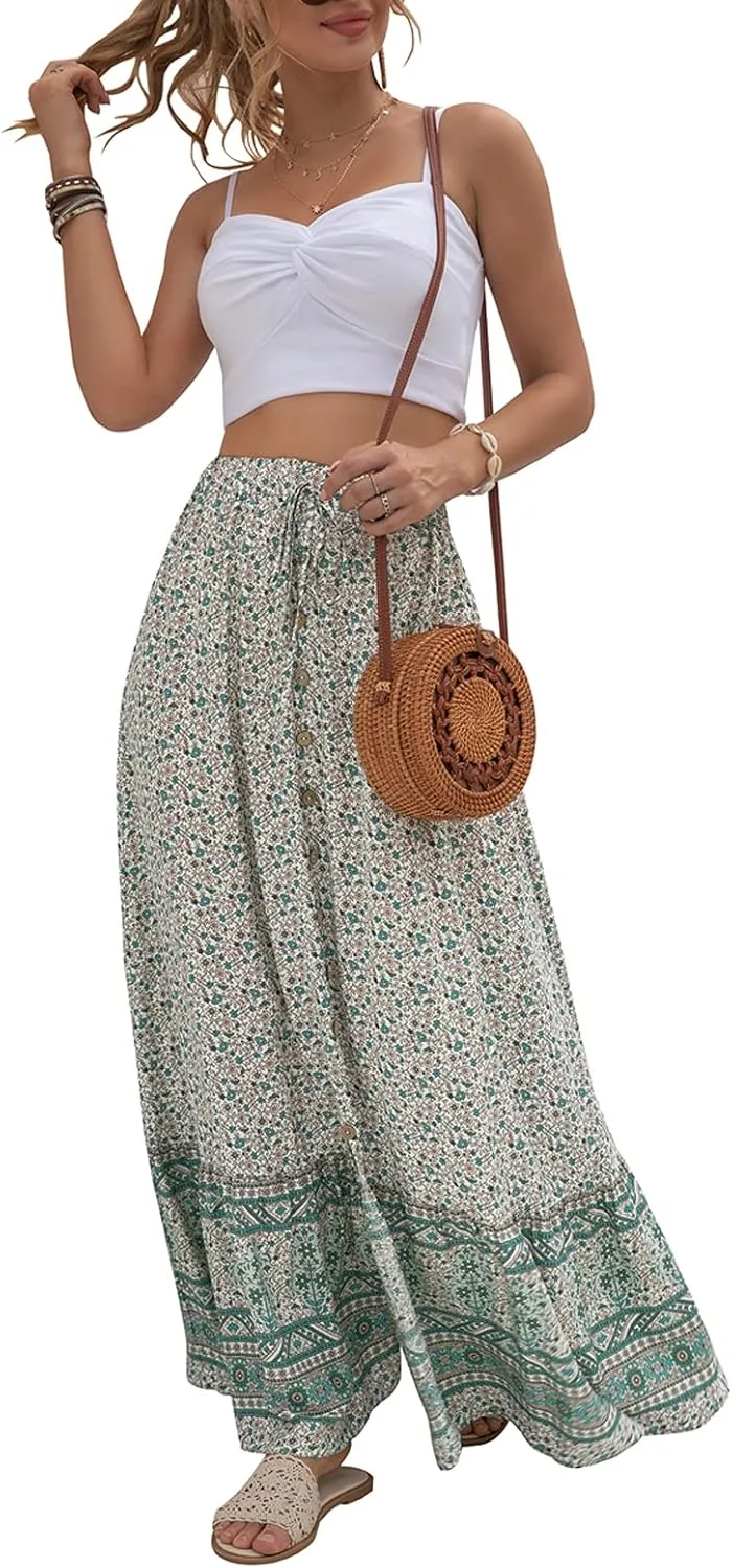 Alamoda Women's Chic Button-Down Tie up High Waist Floral Printed Boho A-Line Ruffle Swing Long Maxi Skirt with Slit
