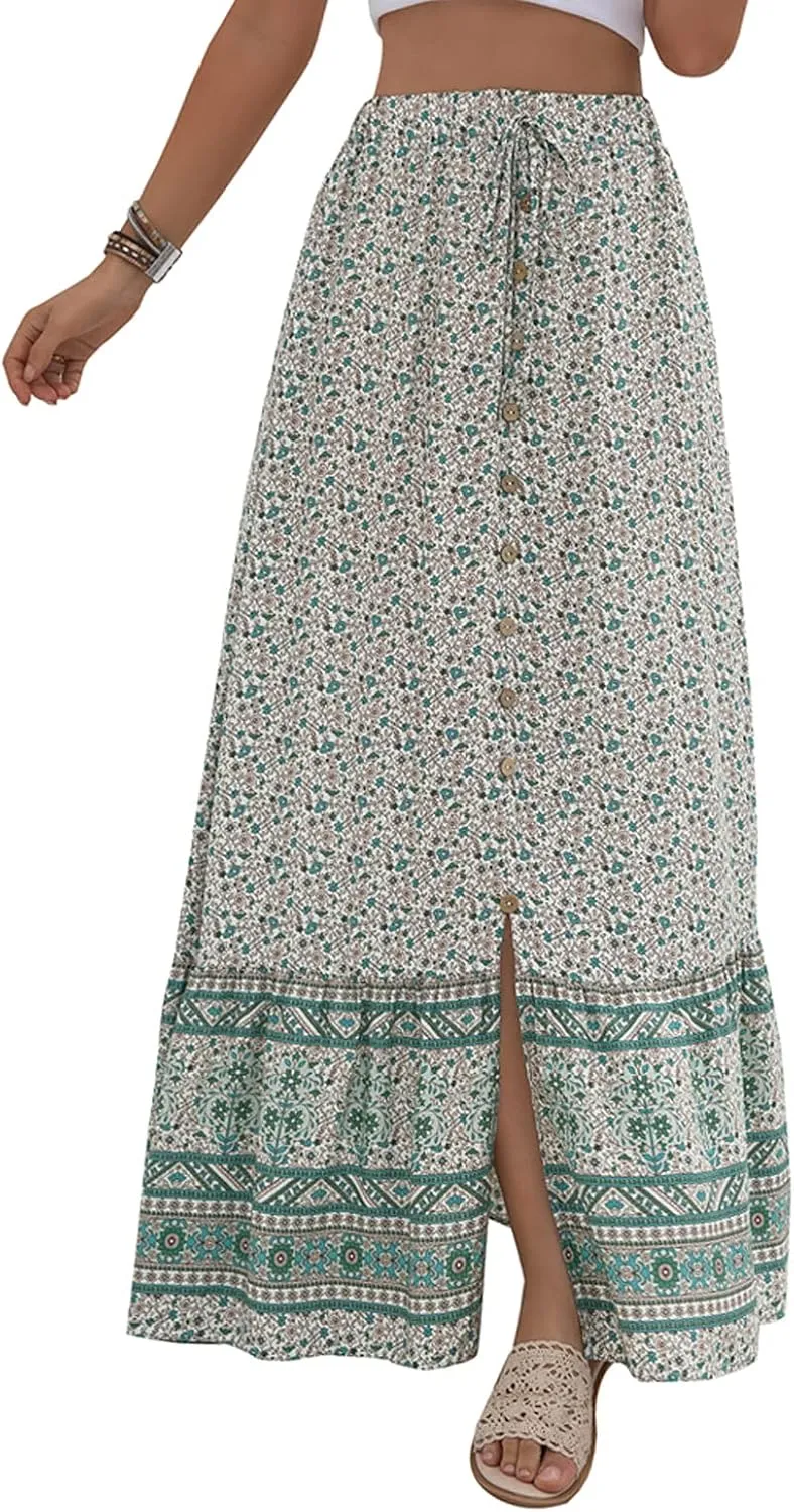 Alamoda Women's Chic Button-Down Tie up High Waist Floral Printed Boho A-Line Ruffle Swing Long Maxi Skirt with Slit