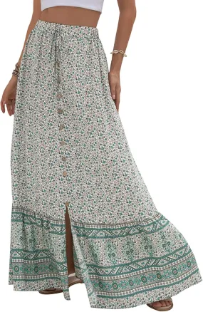 Alamoda Women's Chic Button-Down Tie up High Waist Floral Printed Boho A-Line Ruffle Swing Long Maxi Skirt with Slit