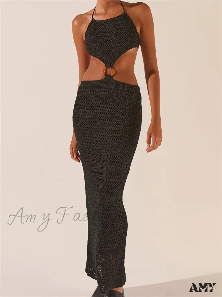 Amy Fashion - Knitted Halter Tie-up Backless  Beach Clubwear Women Off Shoulder Hollow Out Slim High Waist Vestidos