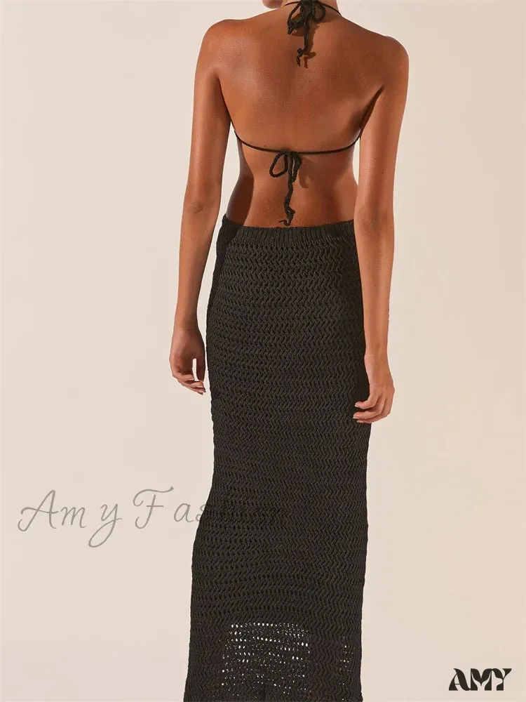 Amy Fashion - Knitted Halter Tie-up Backless  Beach Clubwear Women Off Shoulder Hollow Out Slim High Waist Vestidos