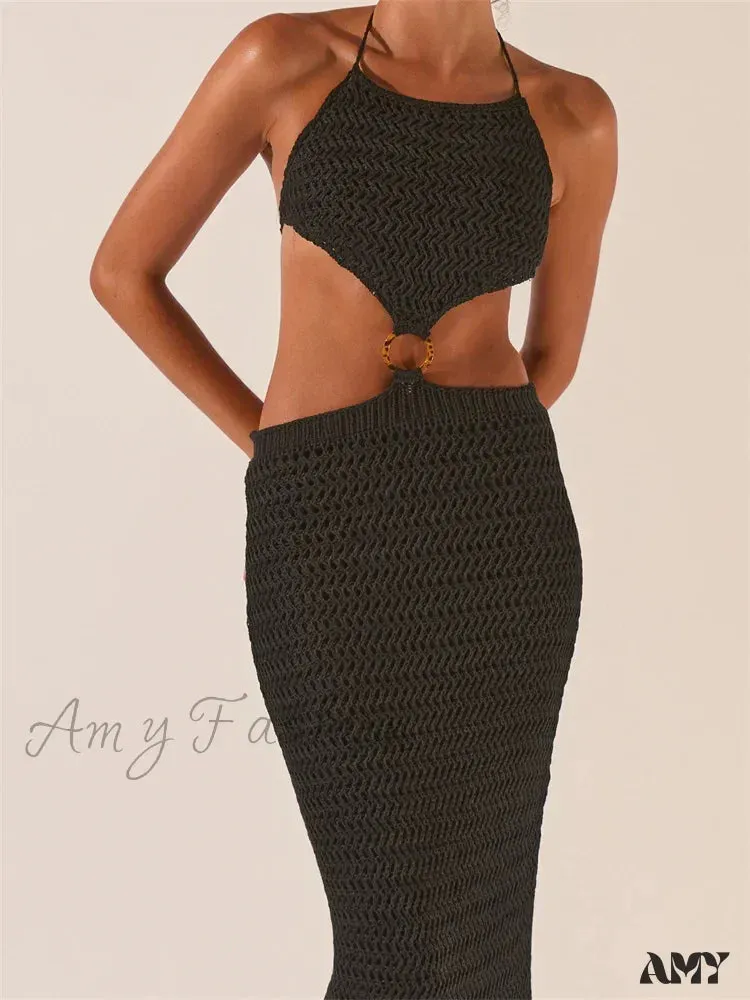 Amy Fashion - Knitted Halter Tie-up Backless  Beach Clubwear Women Off Shoulder Hollow Out Slim High Waist Vestidos