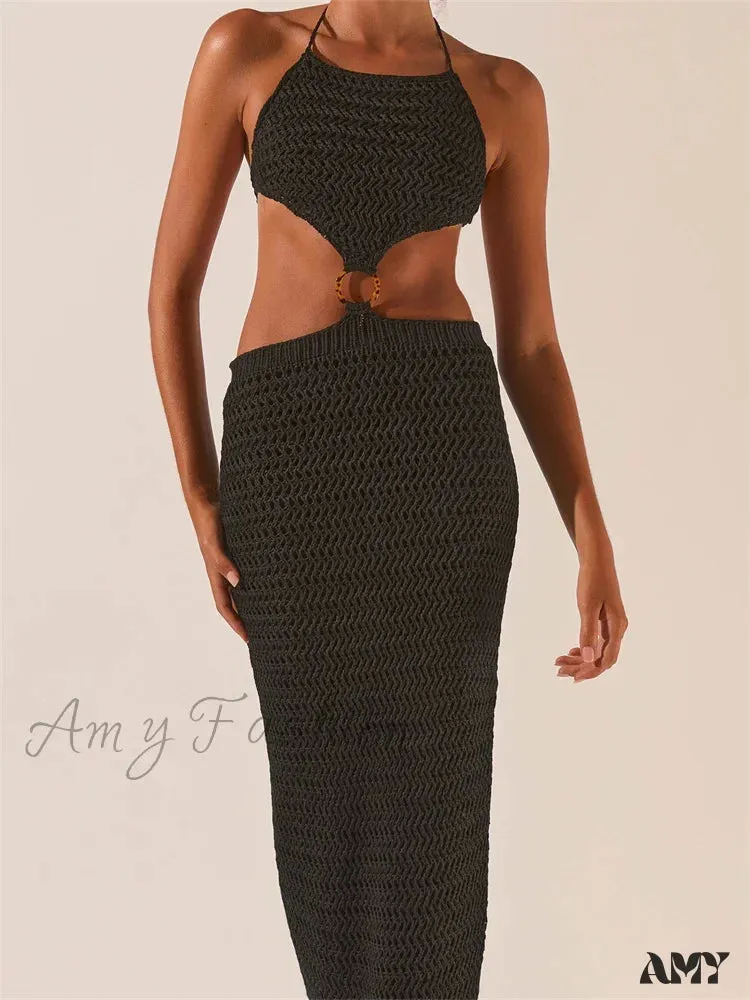 Amy Fashion - Knitted Halter Tie-up Backless  Beach Clubwear Women Off Shoulder Hollow Out Slim High Waist Vestidos