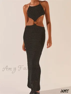 Amy Fashion - Knitted Halter Tie-up Backless  Beach Clubwear Women Off Shoulder Hollow Out Slim High Waist Vestidos