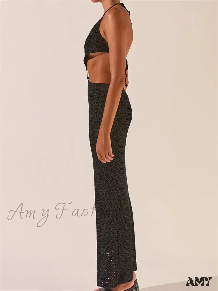 Amy Fashion - Knitted Halter Tie-up Backless  Beach Clubwear Women Off Shoulder Hollow Out Slim High Waist Vestidos
