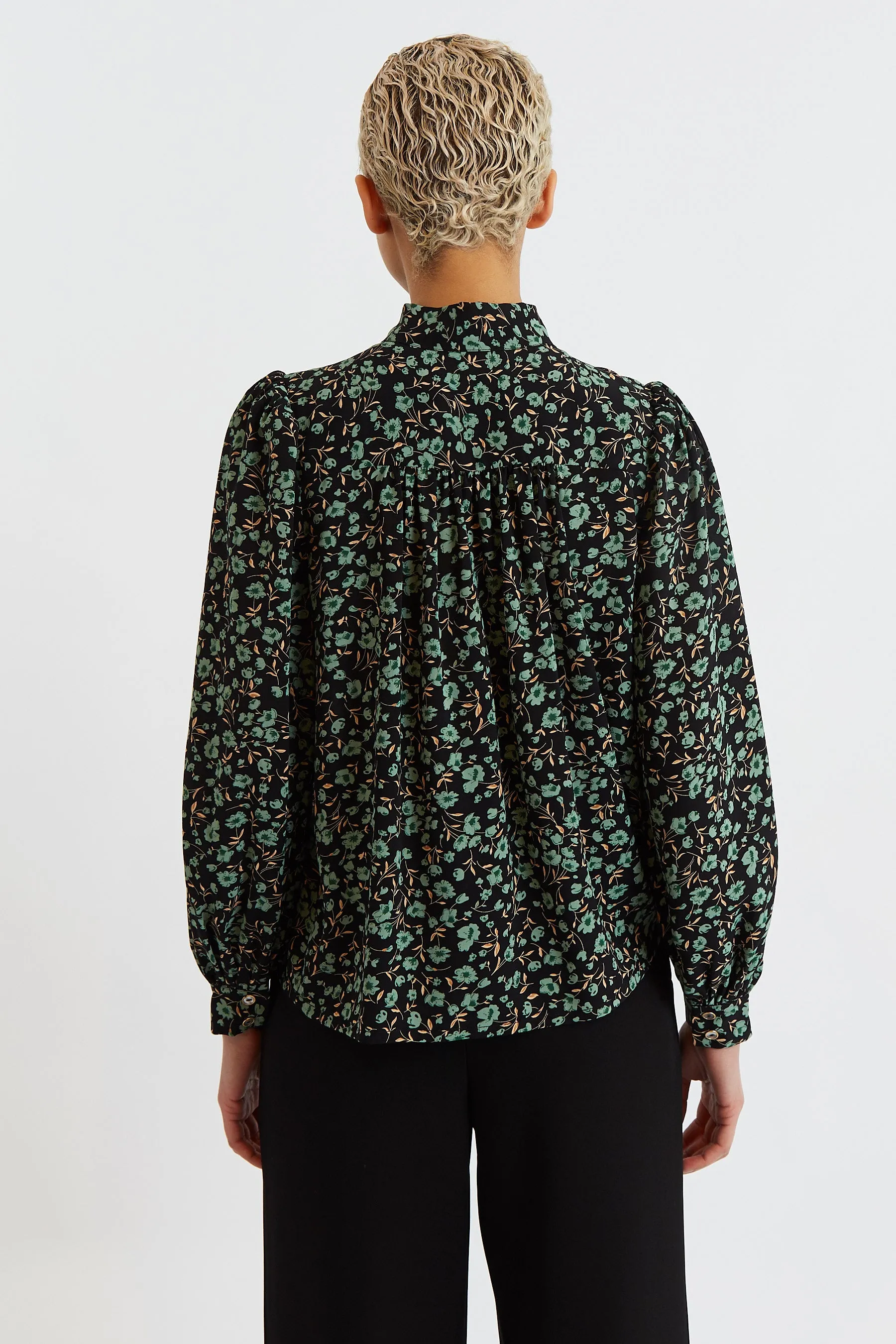 Bathilde Fleur Vert Print Tie Neck Blouse