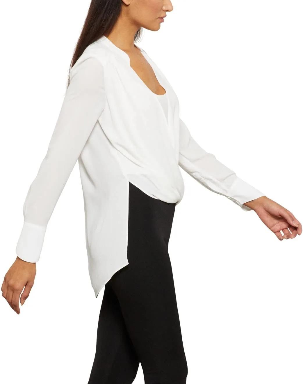 BCBGMAXAZRIA Women's Relaxed Long Sleeve Faux Wrap Blouse Scoop Neck Surplice Top