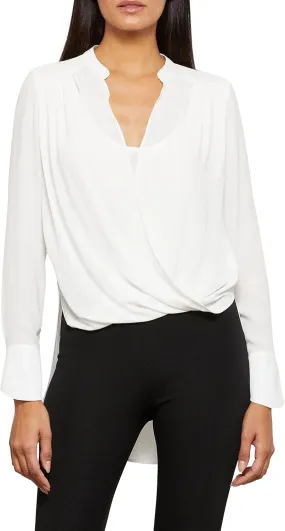 BCBGMAXAZRIA Women's Relaxed Long Sleeve Faux Wrap Blouse Scoop Neck Surplice Top