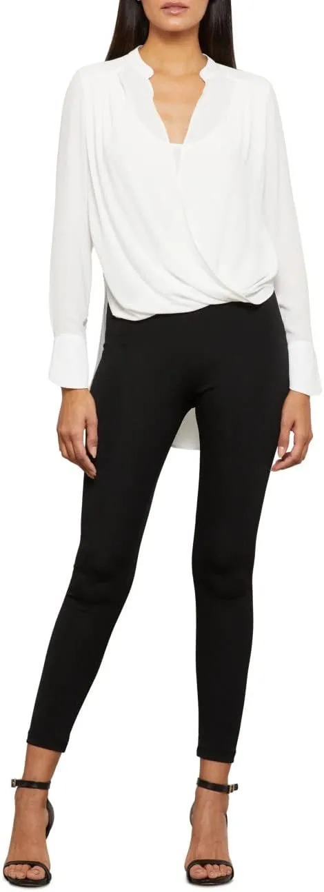 BCBGMAXAZRIA Women's Relaxed Long Sleeve Faux Wrap Blouse Scoop Neck Surplice Top