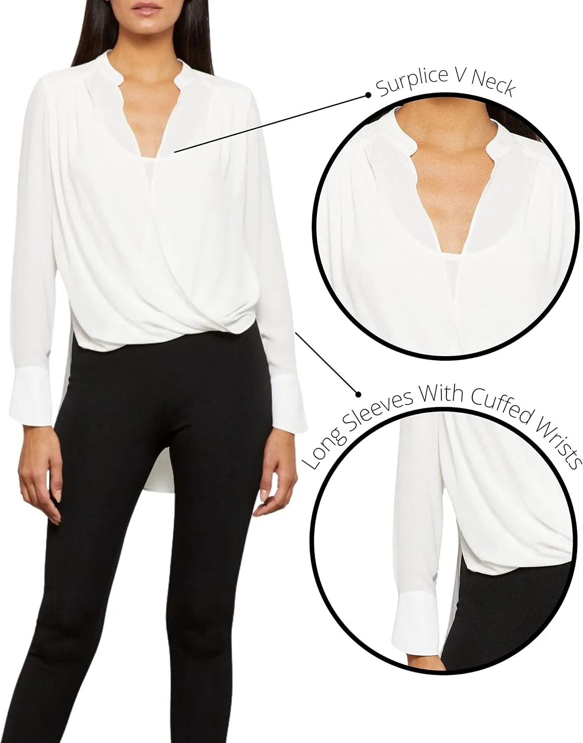 BCBGMAXAZRIA Women's Relaxed Long Sleeve Faux Wrap Blouse Scoop Neck Surplice Top