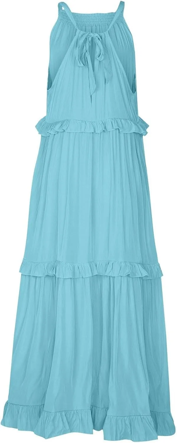 Beach Dresses for Women 2025 Vacation Halter Summer Long Dress Tiered Ruffle Flowy Swing Elegant Boho Sundress