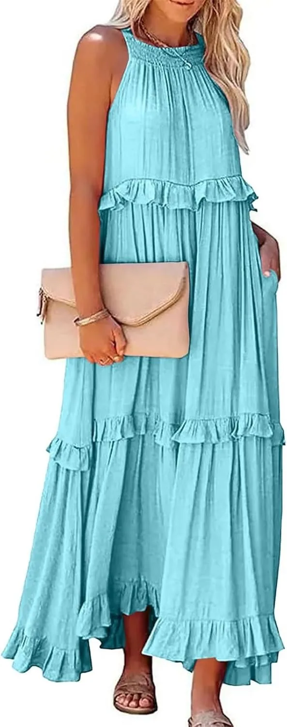 Beach Dresses for Women 2025 Vacation Halter Summer Long Dress Tiered Ruffle Flowy Swing Elegant Boho Sundress
