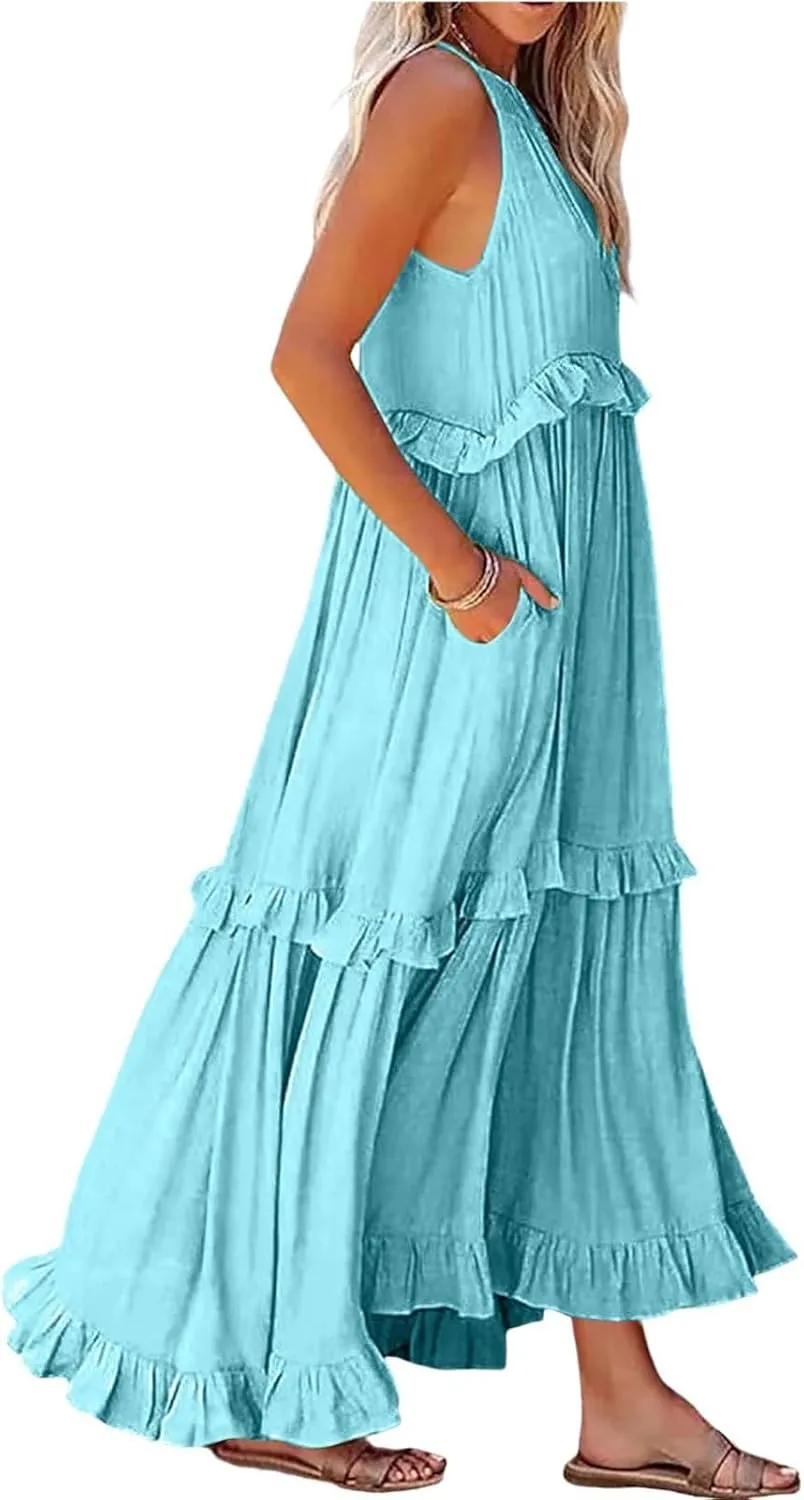 Beach Dresses for Women 2025 Vacation Halter Summer Long Dress Tiered Ruffle Flowy Swing Elegant Boho Sundress