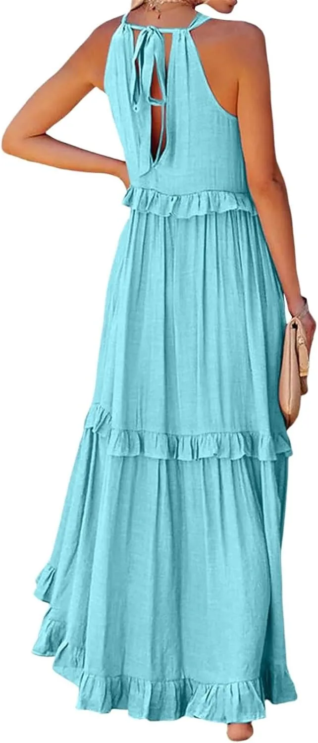 Beach Dresses for Women 2025 Vacation Halter Summer Long Dress Tiered Ruffle Flowy Swing Elegant Boho Sundress