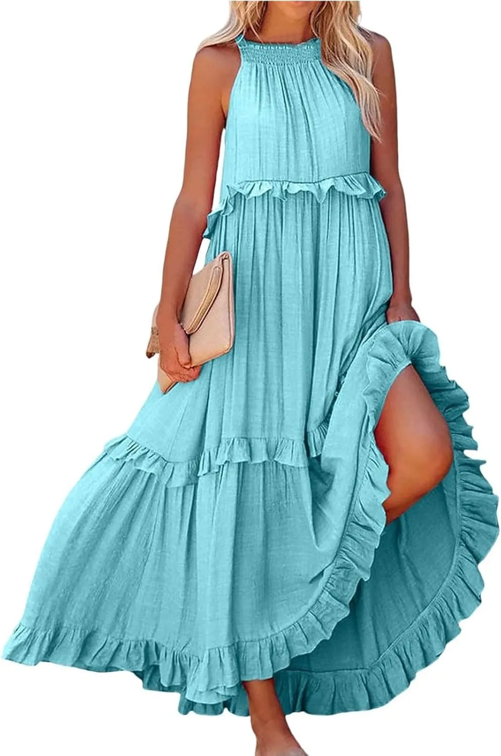 Beach Dresses for Women 2025 Vacation Halter Summer Long Dress Tiered Ruffle Flowy Swing Elegant Boho Sundress