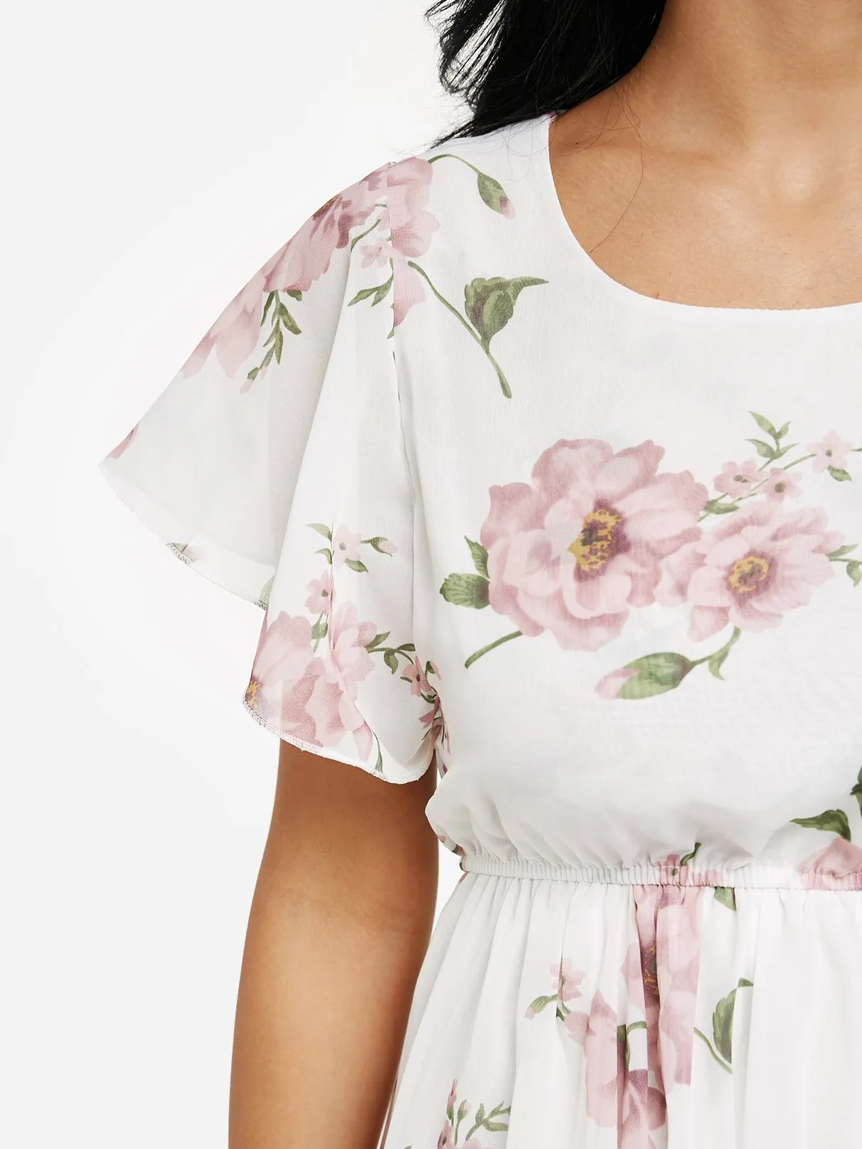 Beige Round Neck Short Sleeve Floral Print Flounced Hem Maxi Dress