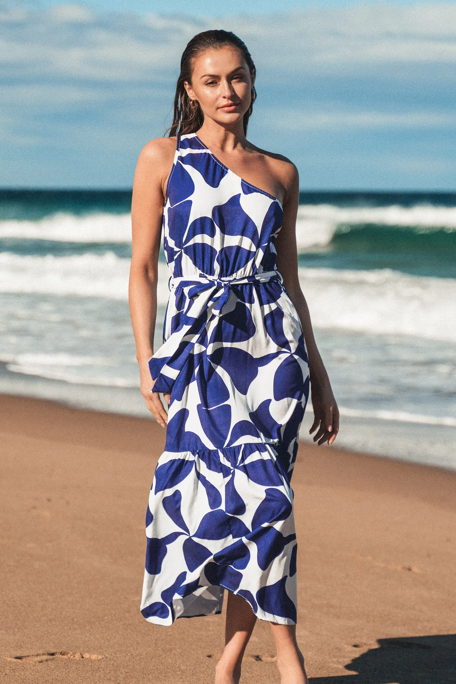 Belted Geo Print One-Shoulder Dress