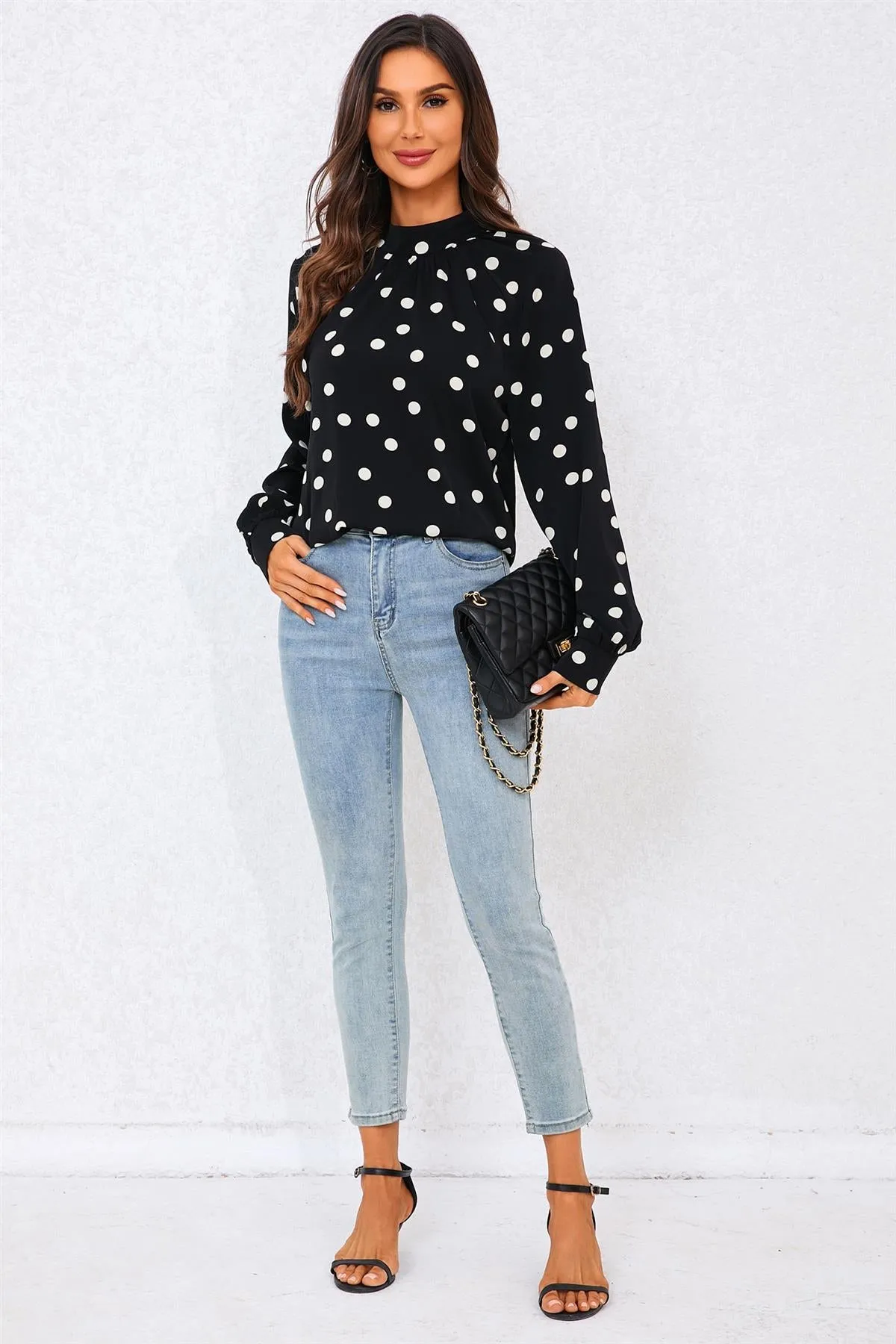 Black Dot Print Halter Neck Blouse Top In Black