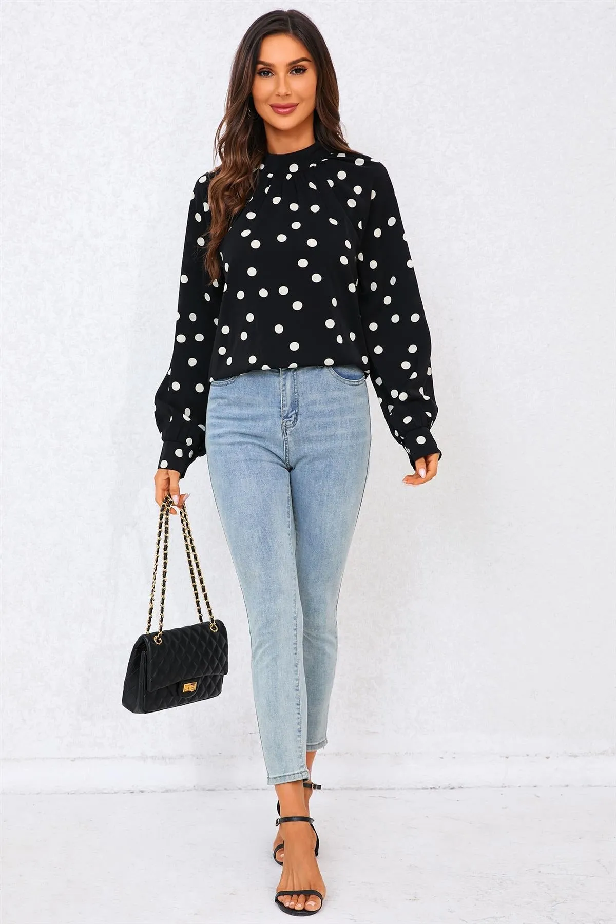 Black Dot Print Halter Neck Blouse Top In Black