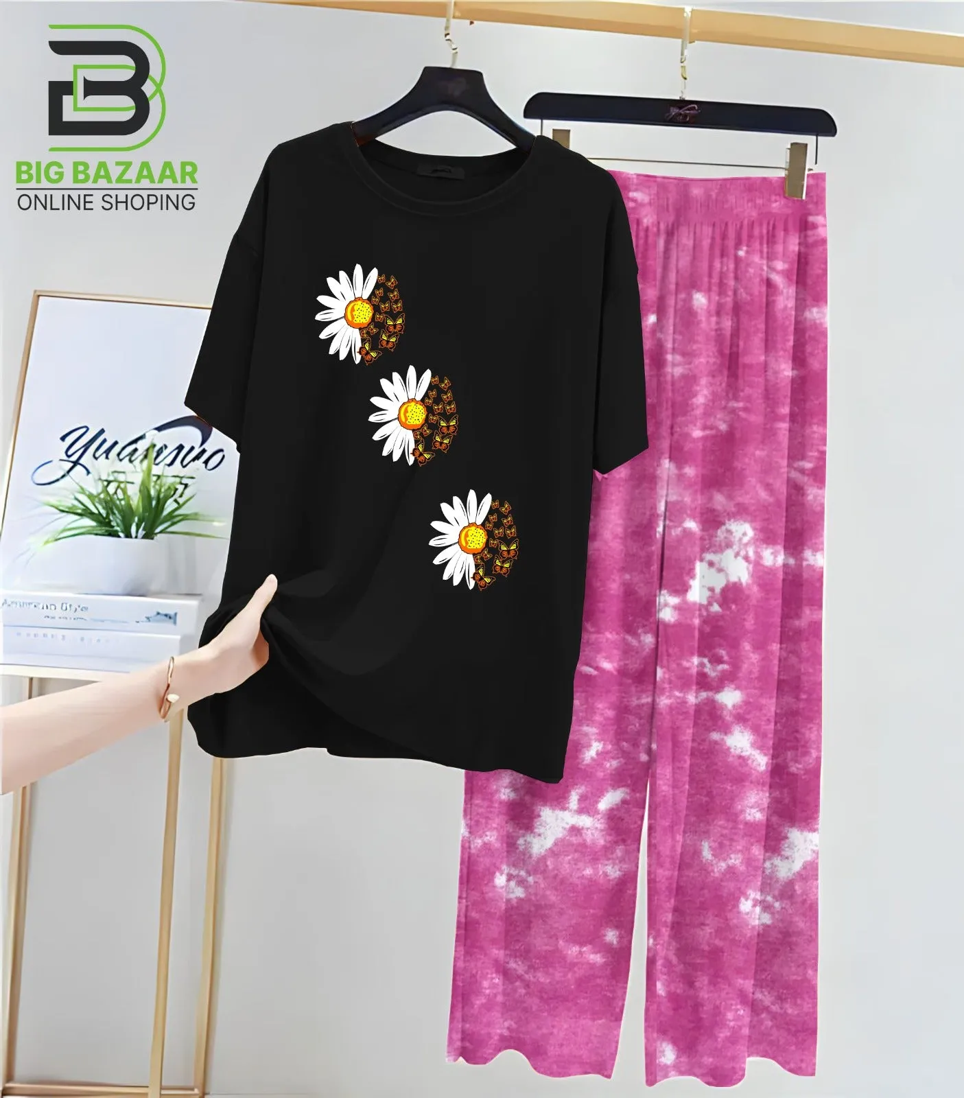 Black T-Shirt and Tie and Die Printed Trouser