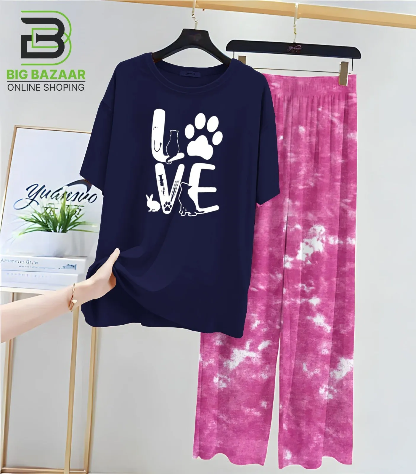 Black T-Shirt and Tie and Die Printed Trouser