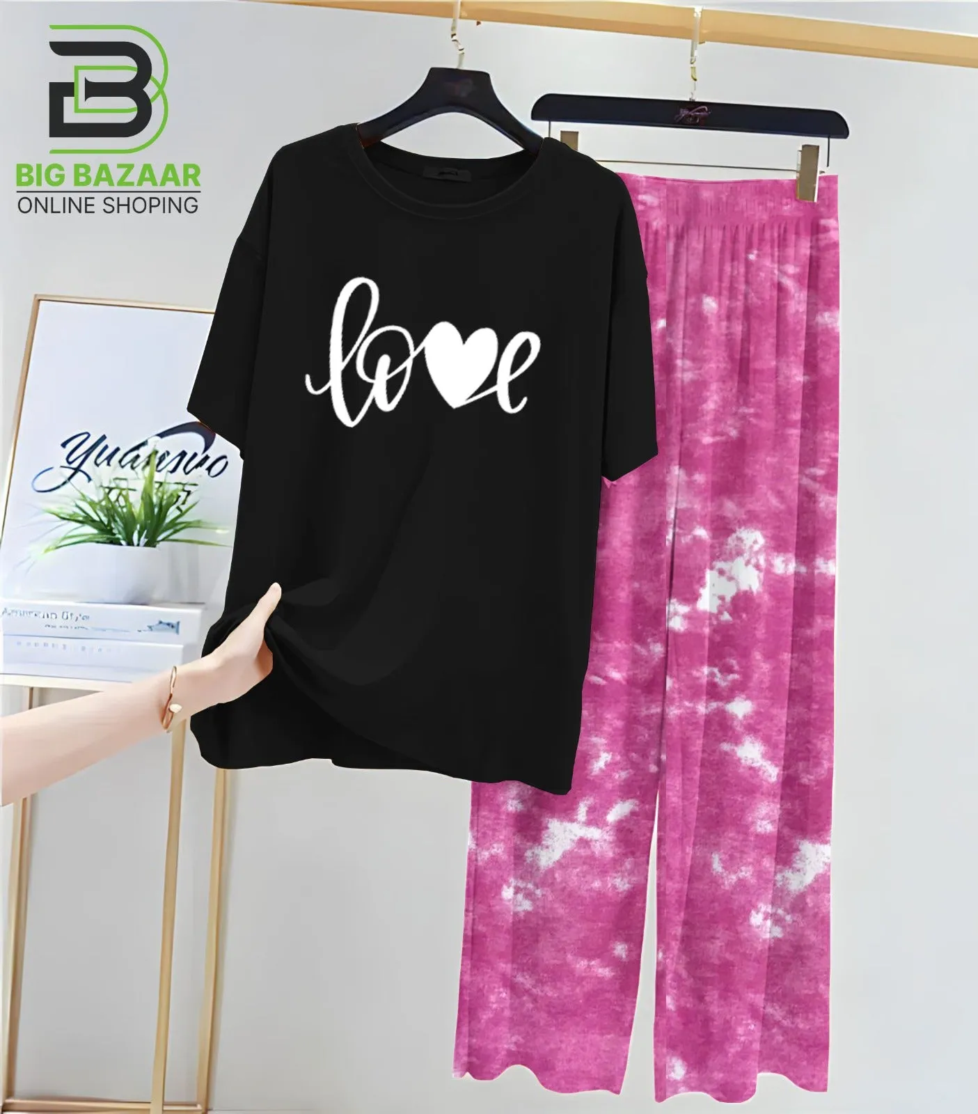 Black T-Shirt and Tie and Die Printed Trouser