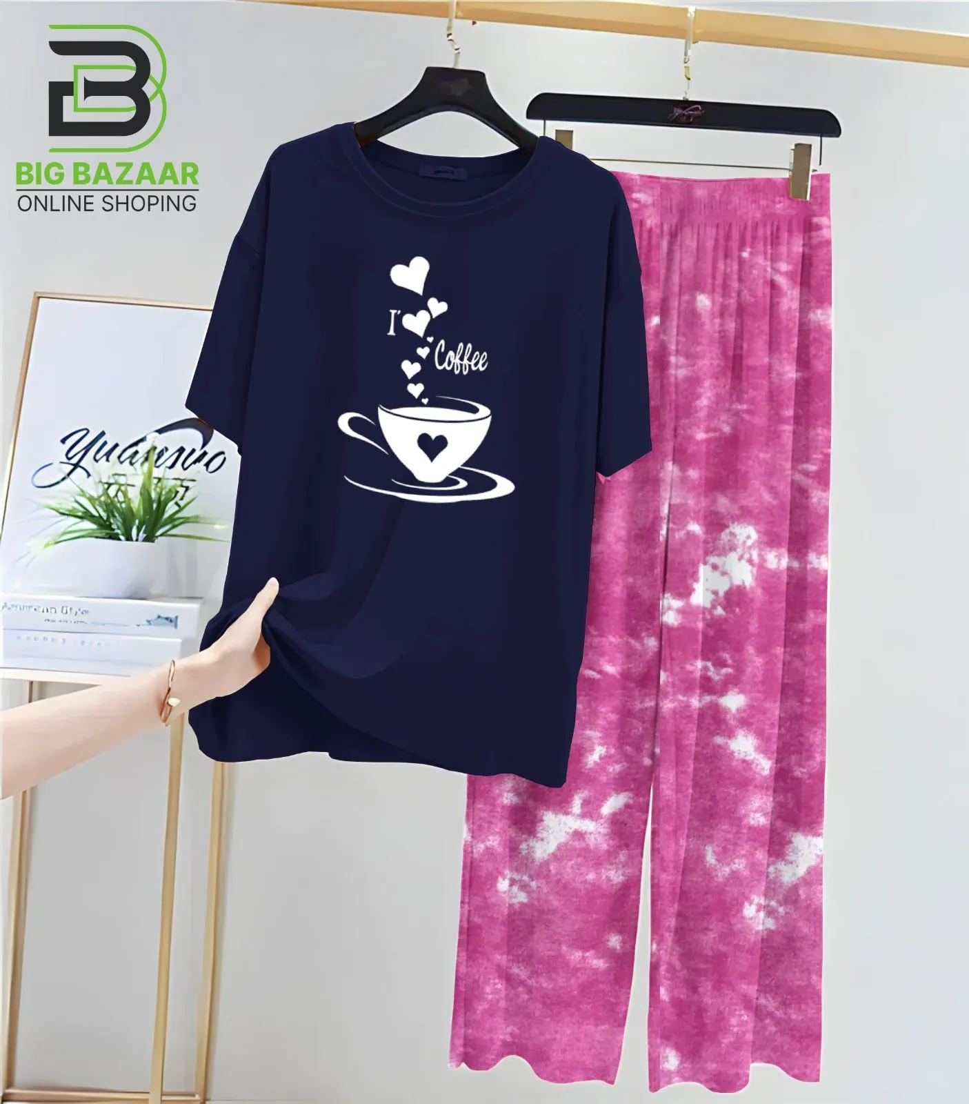 Black T-Shirt and Tie and Die Printed Trouser
