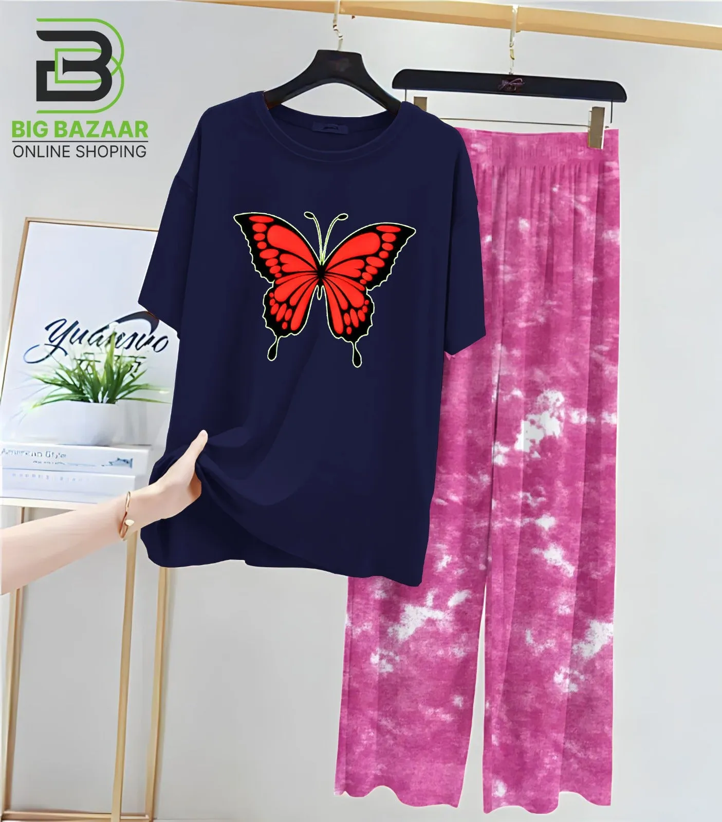 Black T-Shirt and Tie and Die Printed Trouser