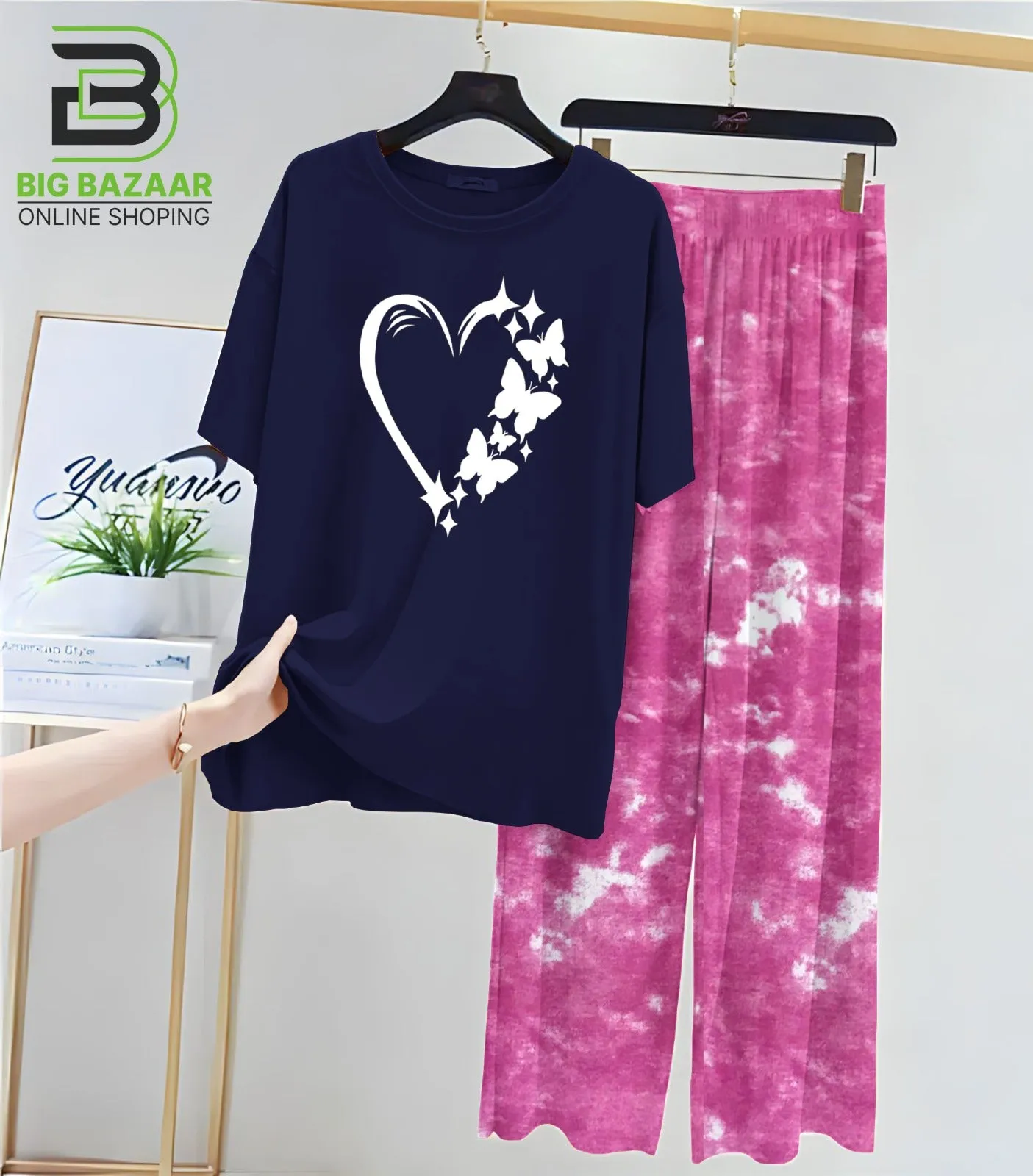 Black T-Shirt and Tie and Die Printed Trouser