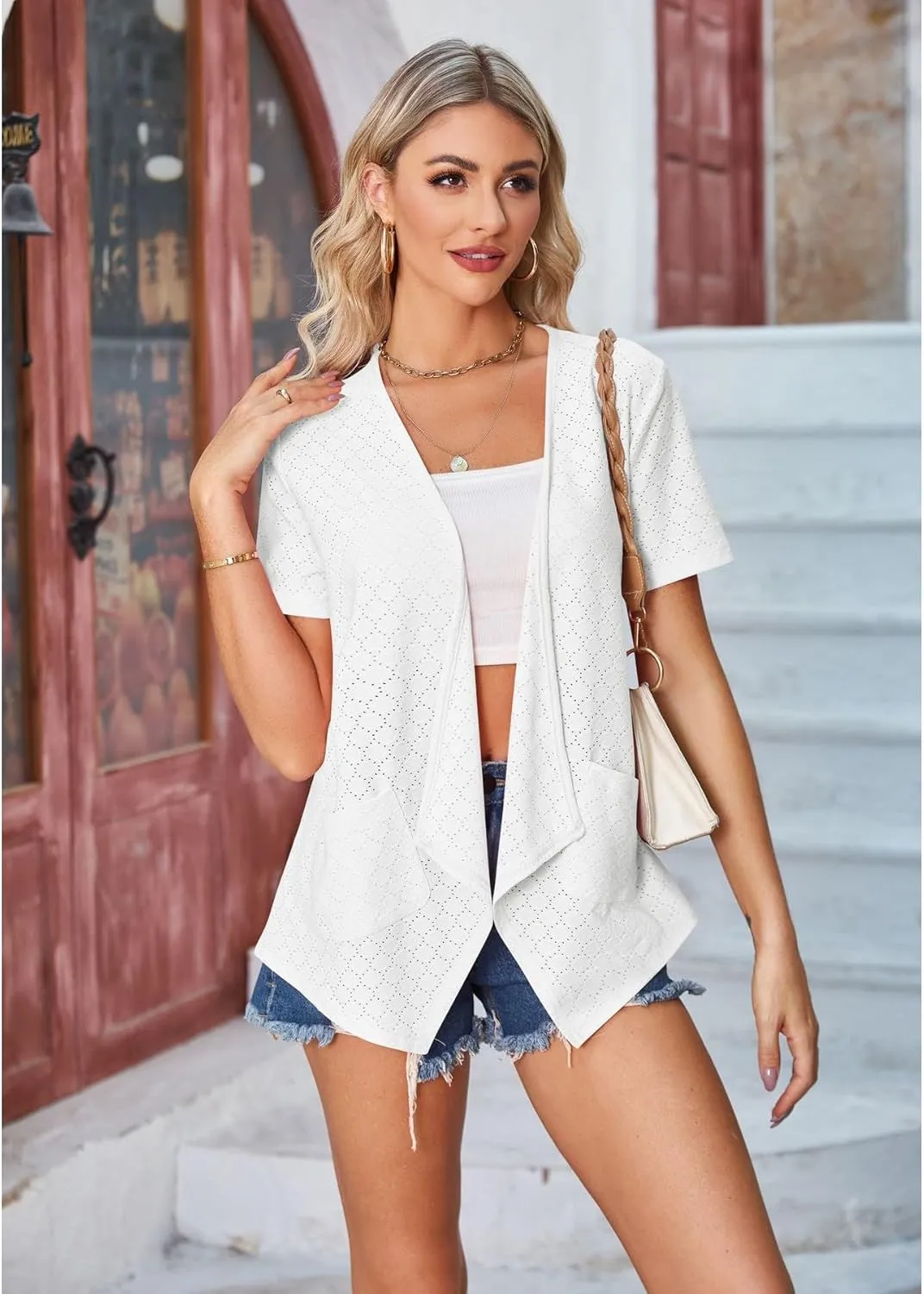 Blostirno Women's Short Sleeve Cardigan Open Front V Neck Lightweight Bolero Cropped Shrug Summer Hollow Out Tops with Pocket