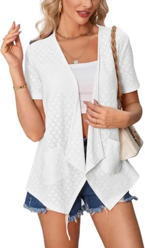 Blostirno Women's Short Sleeve Cardigan Open Front V Neck Lightweight Bolero Cropped Shrug Summer Hollow Out Tops with Pocket