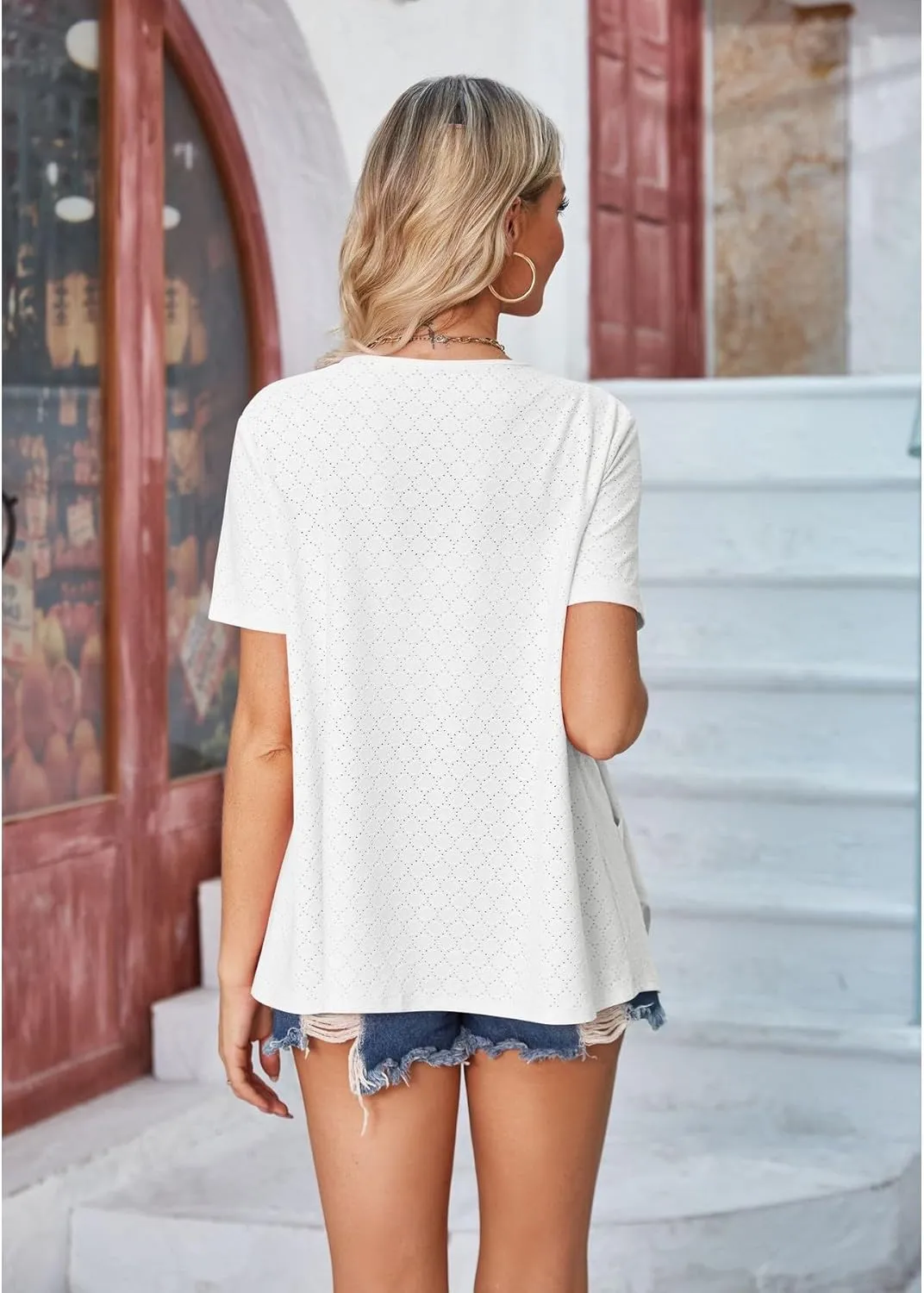 Blostirno Women's Short Sleeve Cardigan Open Front V Neck Lightweight Bolero Cropped Shrug Summer Hollow Out Tops with Pocket