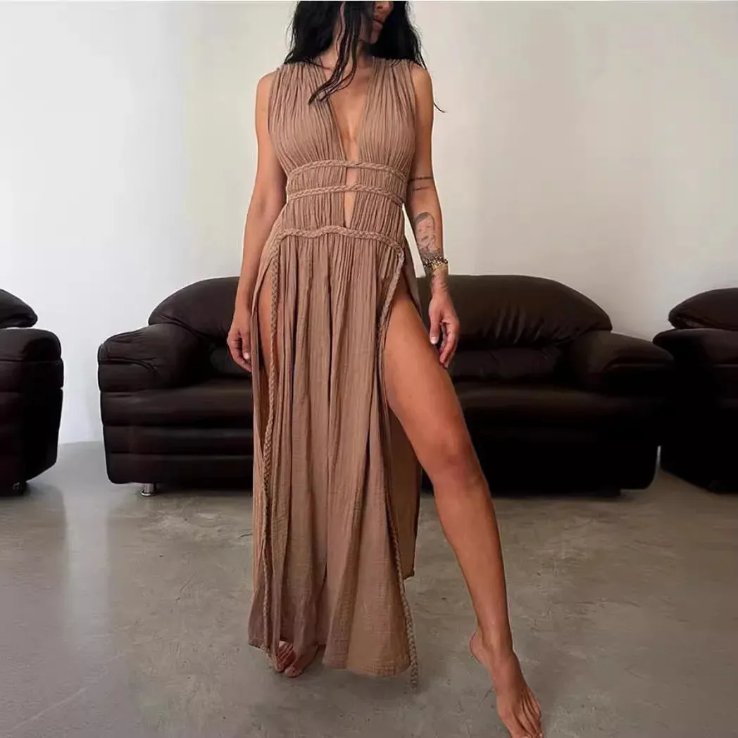 Bohemian Linen Blend Sleeveless Braid Belt Beach Party Maxi Dress