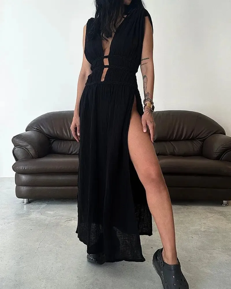 Bohemian Linen Blend Sleeveless Braid Belt Beach Party Maxi Dress