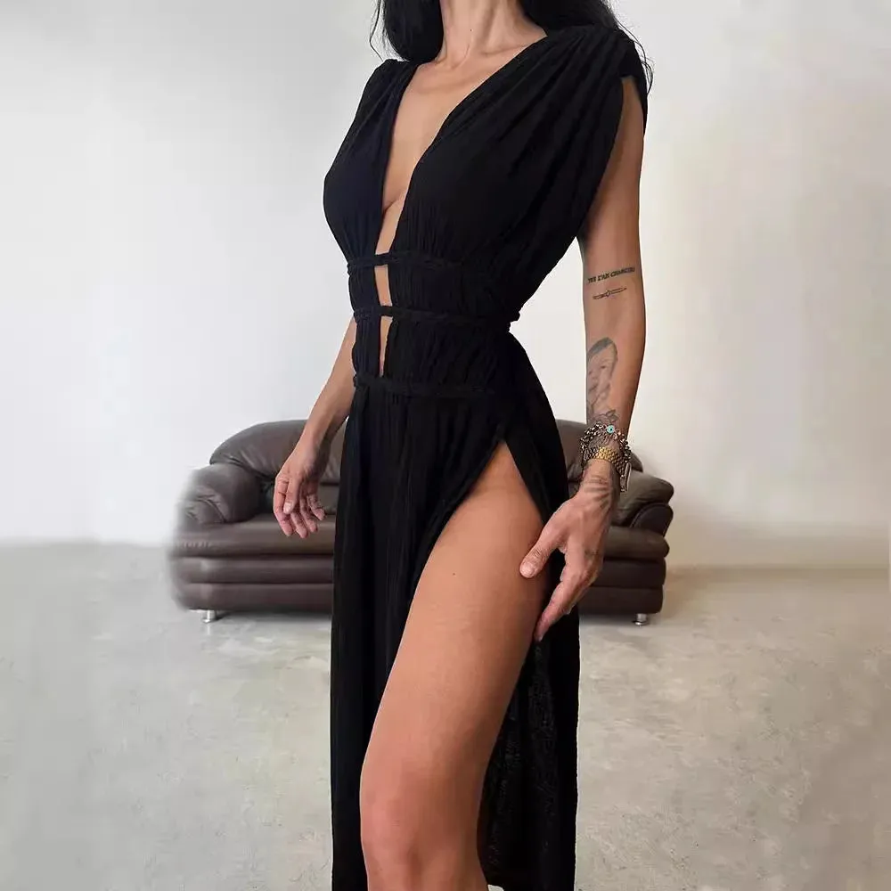 Bohemian Linen Blend Sleeveless Braid Belt Beach Party Maxi Dress