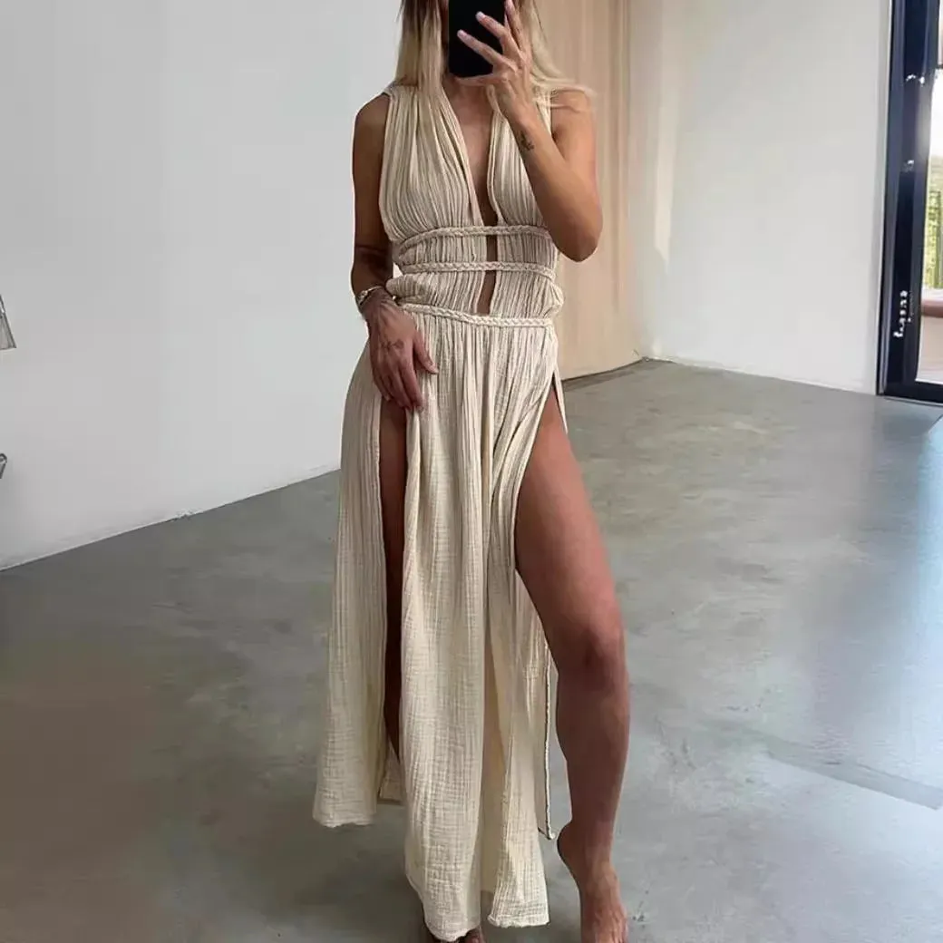 Bohemian Linen Blend Sleeveless Braid Belt Beach Party Maxi Dress