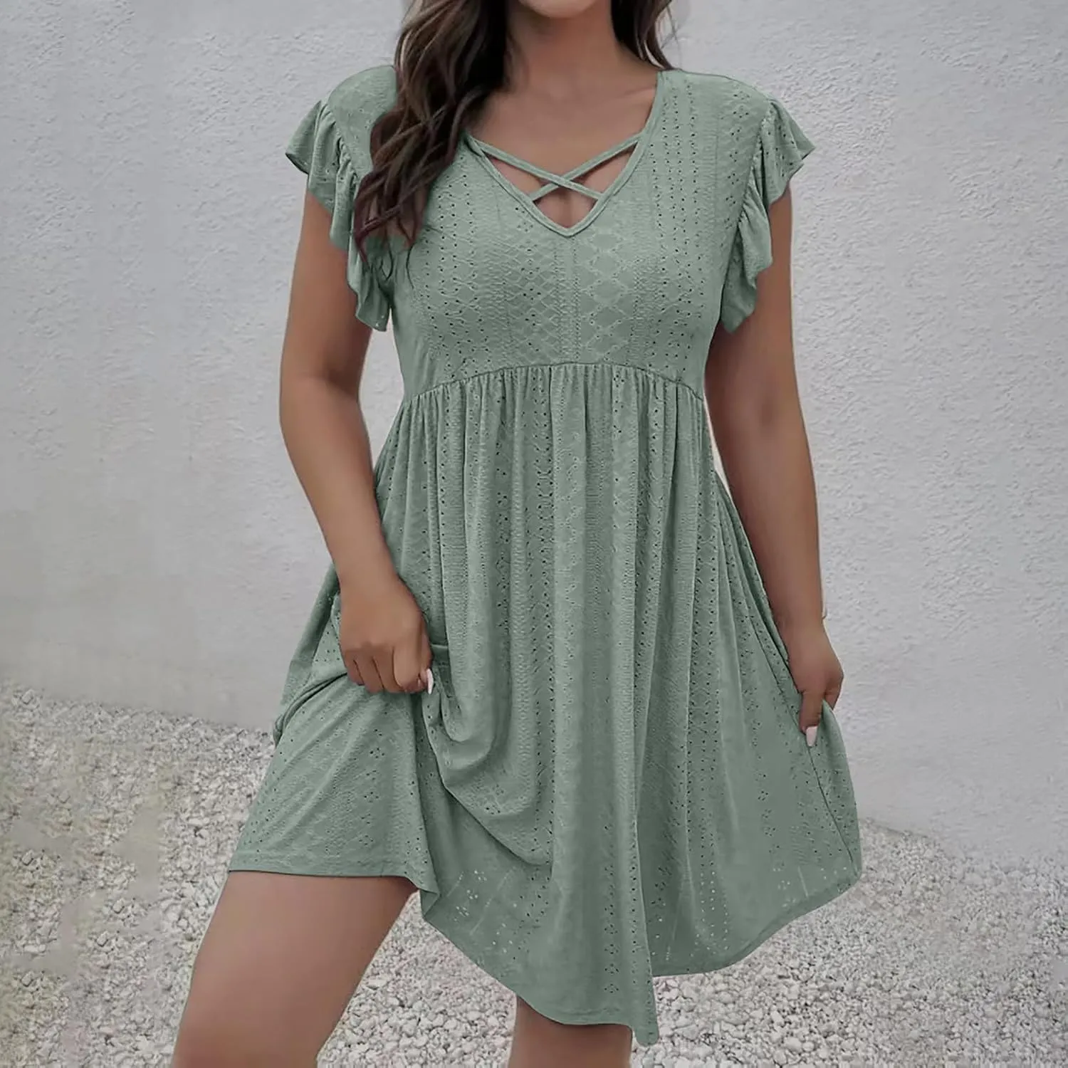 Borniu Women's 2025 Summer Cap Sleeve Midi Dress V Neck A-Line Ruffle Tiered Eyelet Casual Dresses Hollow Out Mesh Sundress
