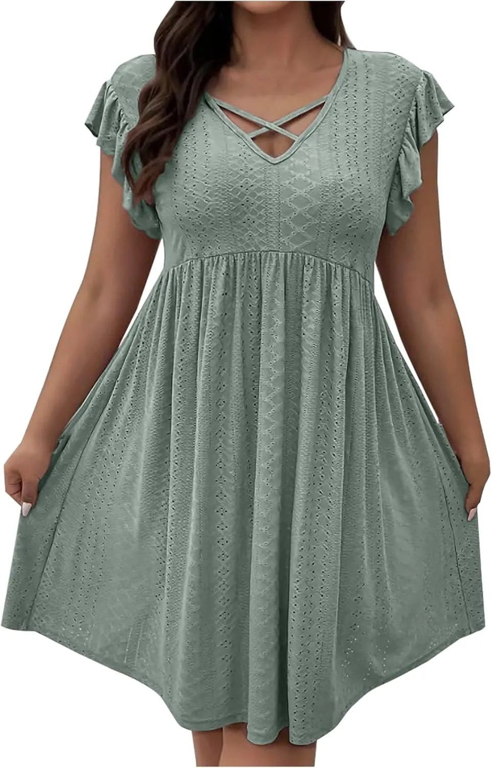 Borniu Women's 2025 Summer Cap Sleeve Midi Dress V Neck A-Line Ruffle Tiered Eyelet Casual Dresses Hollow Out Mesh Sundress