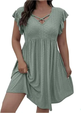 Borniu Women's 2025 Summer Cap Sleeve Midi Dress V Neck A-Line Ruffle Tiered Eyelet Casual Dresses Hollow Out Mesh Sundress