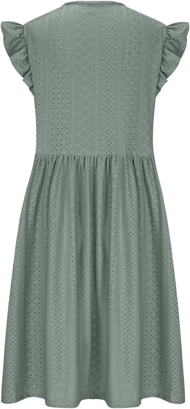 Borniu Women's 2025 Summer Cap Sleeve Midi Dress V Neck A-Line Ruffle Tiered Eyelet Casual Dresses Hollow Out Mesh Sundress