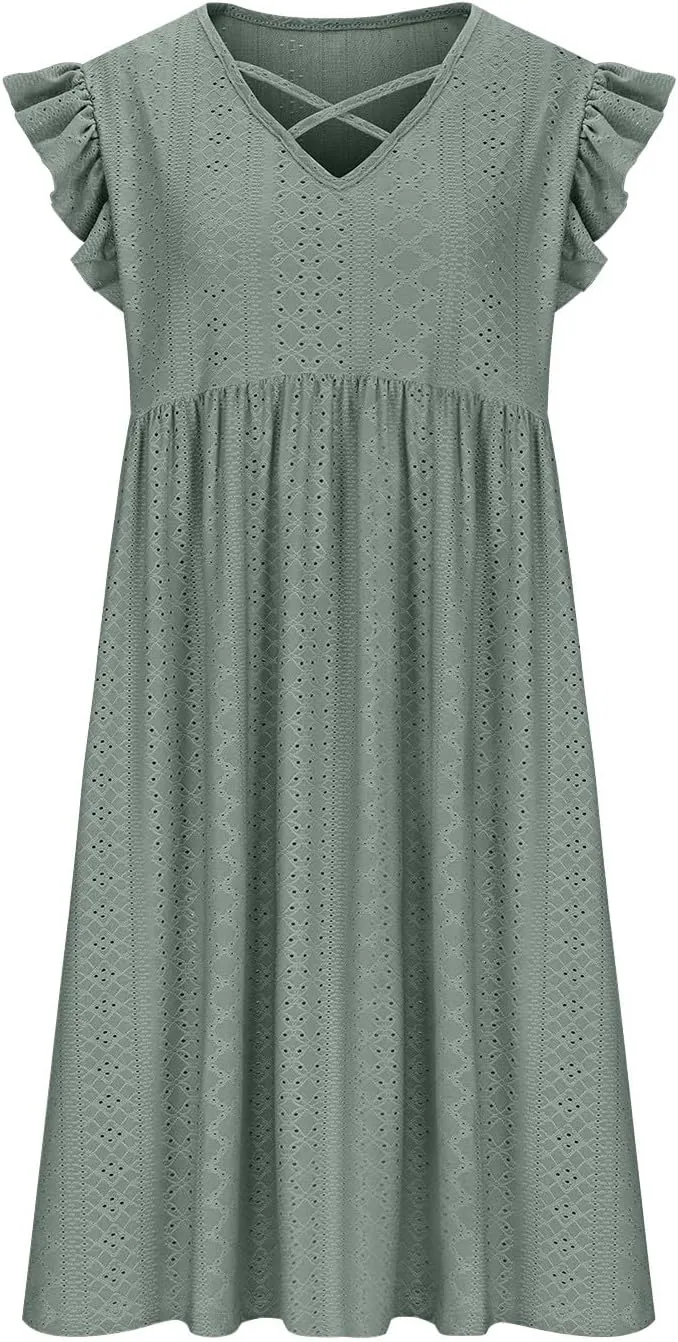 Borniu Women's 2025 Summer Cap Sleeve Midi Dress V Neck A-Line Ruffle Tiered Eyelet Casual Dresses Hollow Out Mesh Sundress