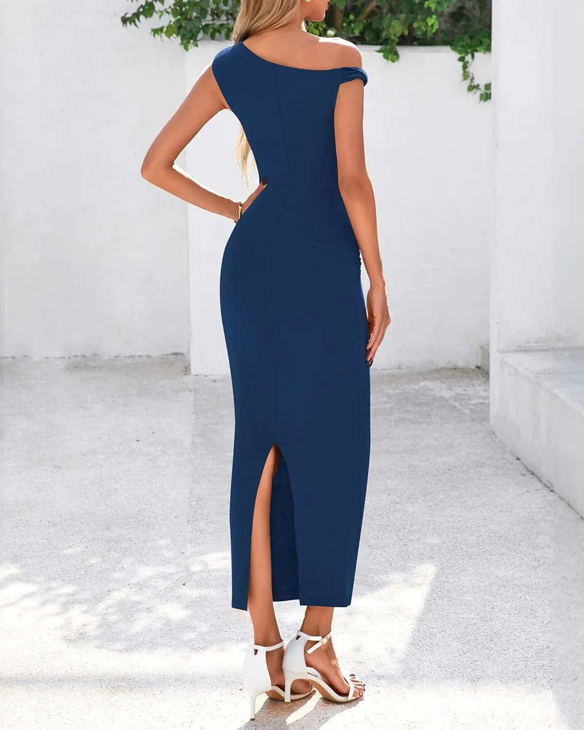 BTFBM Women's Formal Cocktail Dresses One Shoulder Twist Strap Sundress Ruched Bodycon Elegant Wedding Party Maxi Dress