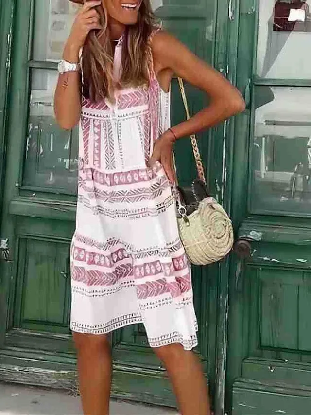 Casual Dress Holiday Dress Shift Dress Midi Dress Pink Blue Green Sleeveless Geometric Print Summer Spring V Neck Vacation Vacation Summer Dress  S M L XL XXL XXXL for Women