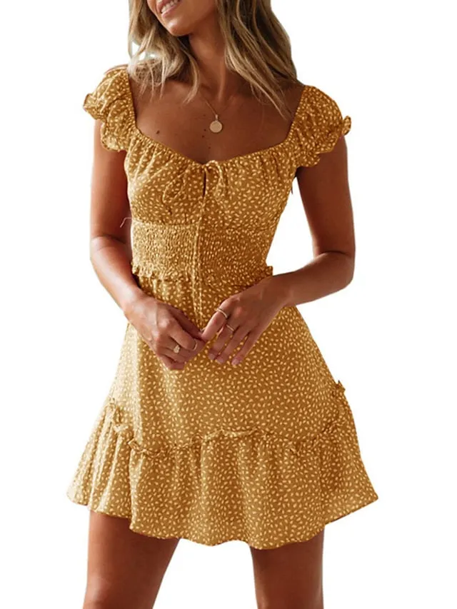 Casual Dress Sundress Ruched Dress Mini Dress Red Red Wine Navy Blue Short Sleeve Floral Lace up Summer Spring Fall Square Neck Fashion Vacation Summer Dress  S M L XL XXL XXXL for Women