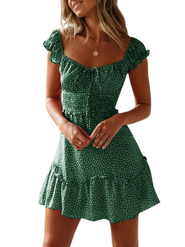 Casual Dress Sundress Ruched Dress Mini Dress Red Red Wine Navy Blue Short Sleeve Floral Lace up Summer Spring Fall Square Neck Fashion Vacation Summer Dress  S M L XL XXL XXXL for Women