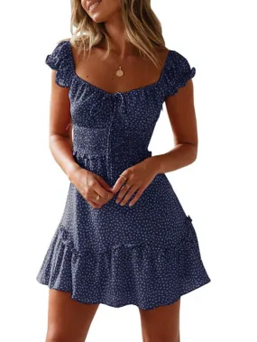 Casual Dress Sundress Ruched Dress Mini Dress Red Red Wine Navy Blue Short Sleeve Floral Lace up Summer Spring Fall Square Neck Fashion Vacation Summer Dress  S M L XL XXL XXXL for Women