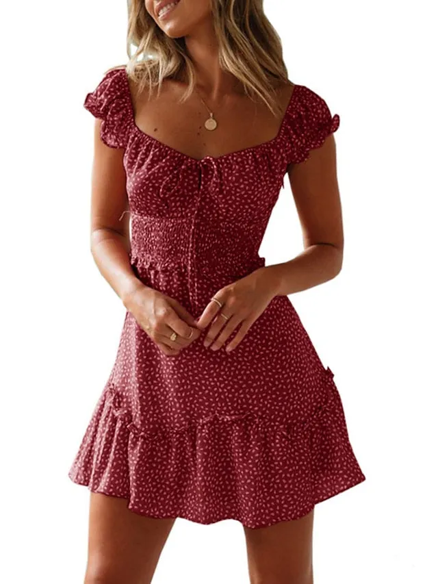 Casual Dress Sundress Ruched Dress Mini Dress Red Red Wine Navy Blue Short Sleeve Floral Lace up Summer Spring Fall Square Neck Fashion Vacation Summer Dress  S M L XL XXL XXXL for Women