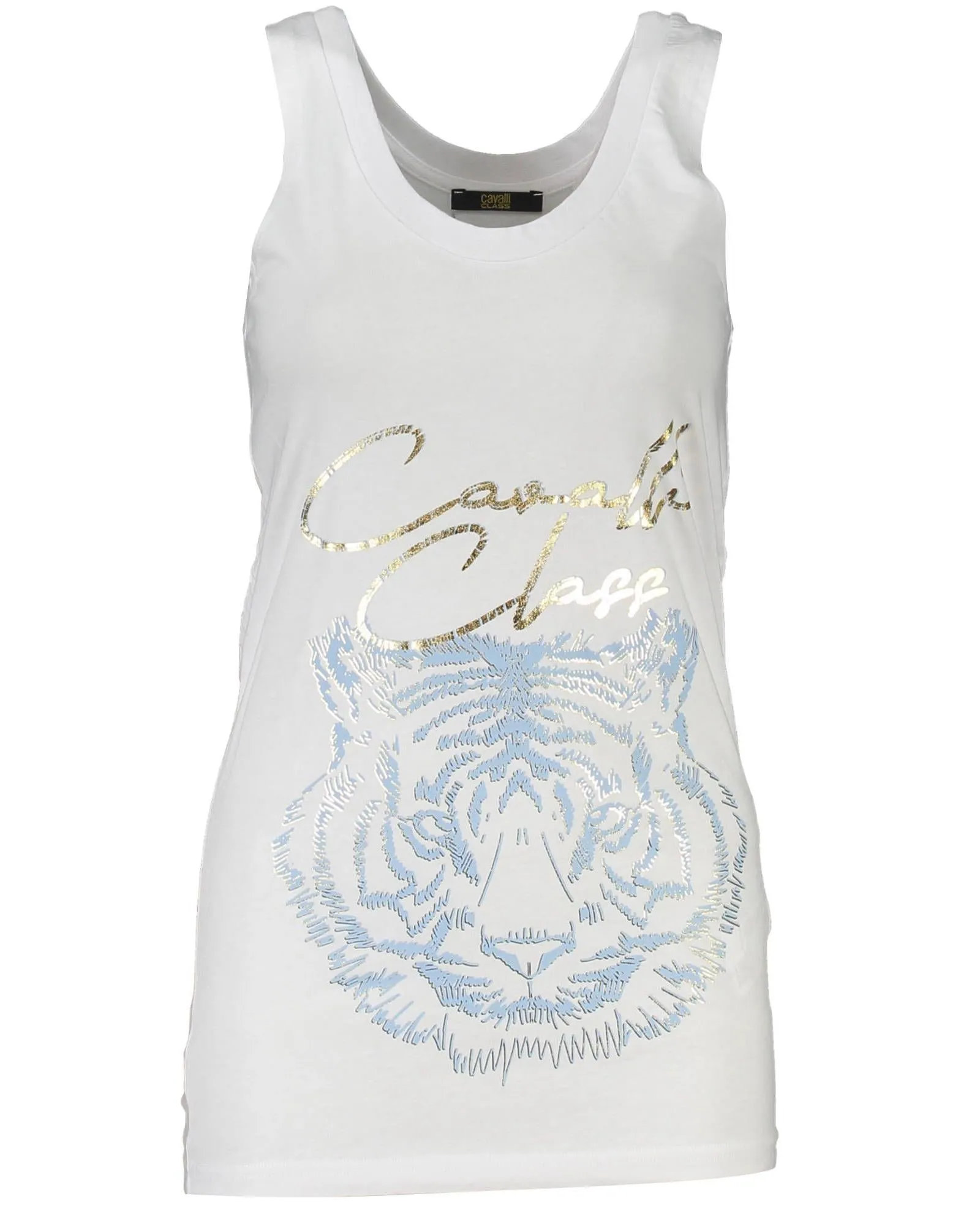 Cavalli Class  Women's Tiger Print Tank Top     White Tiger Tank Top    Shimmery Tiger Print Tank Top by      Sleeveless Tank Top with Tiger Design